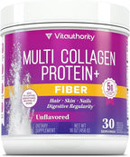 Vitauthority Multi Collagen Protein Powder + Fiber Supplement Collagen Types I, II, III, V & X | Hair, Skin, Nail, & Digestive Support | Vitamin C & Hyaluronic Acid, Unflavored 30 Servings