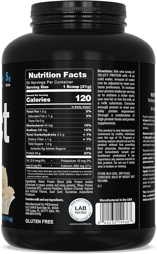 PEScience Select Protein Powder, Whey and Casein Blend, Lean Protein Powder for Women and Men, Low Calorie, Low Carb, Keto Friendly, Gluten Free, Gourmet Vanilla - 55 Servings