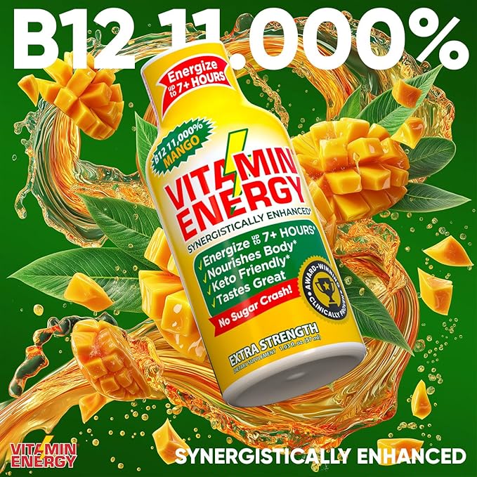 Vitamin Energy B12 11,000% Extra Strength Energy Shot Mango 48 Pack, 260mg Natural Caffeine, B12 & B6, Nootropic Focus, Vitality, Zero Sugar, Gluten-Free, Vegan, Kosher, 1.93 fl oz