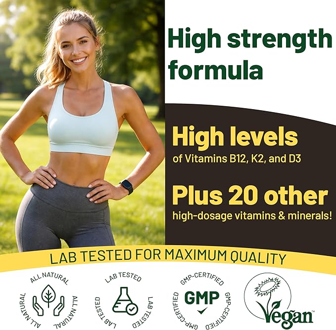 Vegan Vitality Multivitamins & Minerals for Women and Men with High Strength Vitamin B12, D3 & K2. 180 Vegan Multivitamin Tablets - 6 Months Supply. Vitamins for Vegans. Women Multivitamin