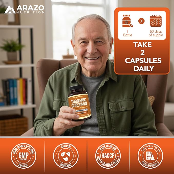 Arazo Nutrition Turmeric Curcumin with BioPerine 1300mg with Black Pepper - Joint Support Nutritional Supplements - 100% Herbal Tumeric Root Capsules (Pack of 2)