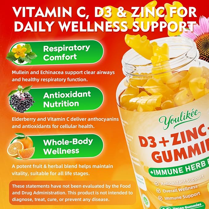 2 Pack Vitamin C + D3 + Zinc Gummies for Adults, Immune Support Supplement with Elderberry, Echinacea & Mullein Leaf - Antioxidant Support, Sugar Free, Orange Flavor, 120 Count