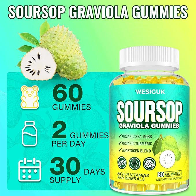 Soursop Graviola Gummies, Max Strength Soursop Leaves Extract with Sea Moss, Turmeric for Cell Support & Regeneration, Immunity, Liver and Antioxidant, Sugar/Gluten Free, Vegan - 60 Soursop Gummies