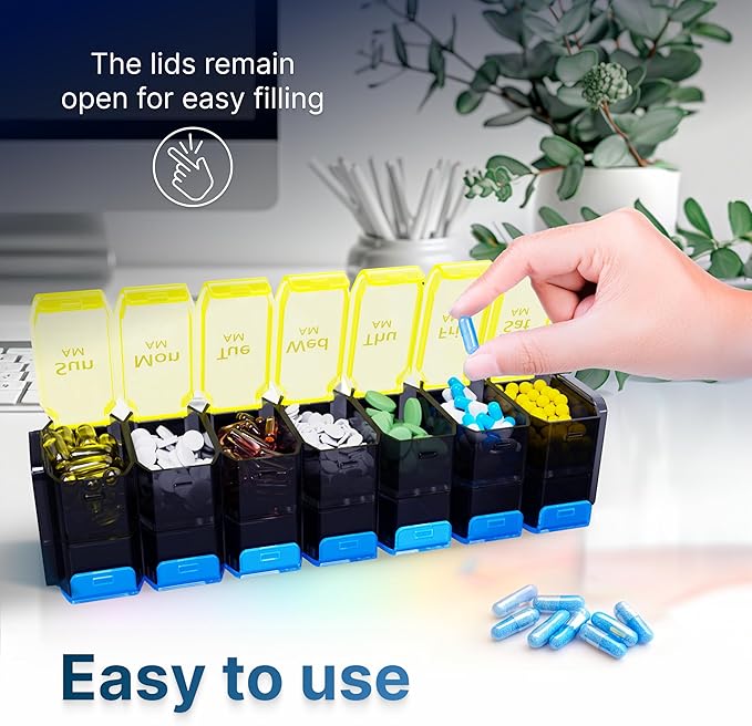 Extra Large Pill Organizer 2 Times a Day – XL Pill Box 7 Day with Big AM/PM Compartments – Fits Large Vitamins, Supplements & Gummies, for 7 or 14-Day Use, Color-Coded, Senior-Friendly, No Spills
