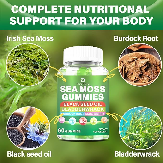 Sea Moss Gummies – Irish Sea Moss with Black Seed Oil, Bladderwrack, Burdock Root for Immune & Detox Support, Vegan Green Apple Flavor Gummies for Adults, Kids, Men, Women - 60 Gummies