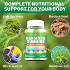 Sea Moss Gummies – Irish Sea Moss with Black Seed Oil, Bladderwrack, Burdock Root for Immune & Detox Support, Vegan Green Apple Flavor Gummies for Adults, Kids, Men, Women - 60 Gummies