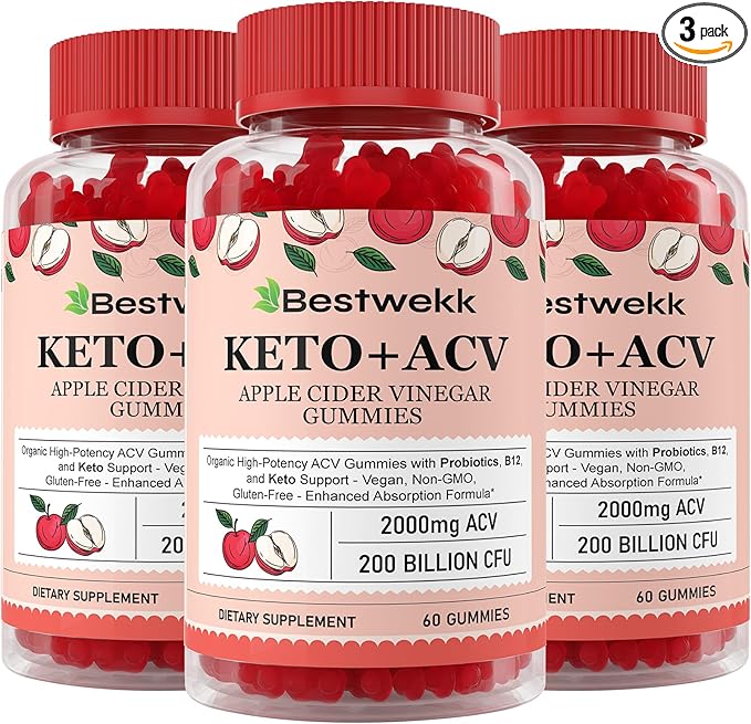 Apple Cider Vinegar Gummies, Max Strength 2000mg ACV Gummy with Probiotics, B12 and Keto Support, For Digestion, Metabolism, Detox, Gut & Immune Health, Gelatin-Free, Non-GMO, 180 keto acv gummies