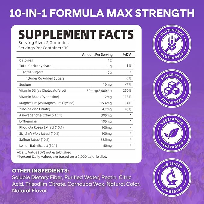 2 Pack Saffron Gummies for Kids & Adults, 10-in-1 Cortisol Supplement with Saffron 88.5mg, Vitamin D3, B6, Magnesium, Zinc, Ashwagandha, L-Theanine, St. John's Wort, for Emotions, Zzz, 120 Count