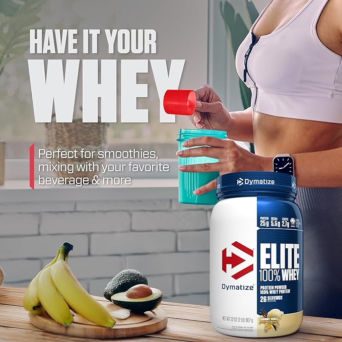 Dymatize Elite 100% Whey Protein Powder, L-Leucine, Quick Absorbing & Fast Digesting for Optimal Muscle Recovery, Gourmet Vanilla, 32 Oz