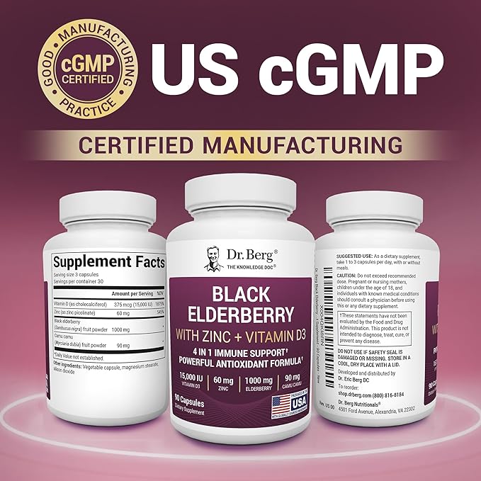 Dr. Berg Black Elderberry Capsules (Advanced Immune Support*) with 15,000 IU Vitamin D, 60 mg of Zinc, & 90 mg of Camu Camu - (4-in-1) Sambucus Elderberry Immune Support Supplement - 90 Capsules