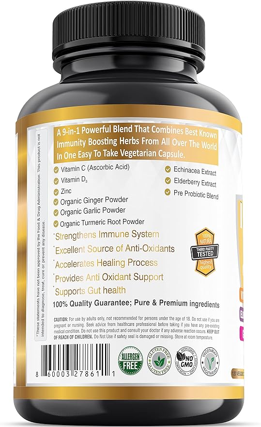 9-in-1 Immune Support Vitamin C (1000mg), Vitamin D3 (5000 IU), Zinc(22mg) with Elderberry, Turmeric, Echinacea, Ginger, Garlic and Pre+Pro-Biotic per Serving (120 caps per Bottle - 2 Month Supply)
