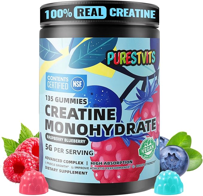 NSF Certified Creatine Gummy 5g - Creatine Monohydrate Gummies – Pre-Workout Energy & Muscle Growth Support for Men & Women | Blueberry Raspberry Electrolyte Gummies (135 Count)