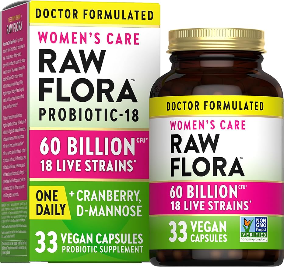 Raw Flora Women's Probiotics | Dr. Formulated 60 Billion CFU + Prebiotics | Digestive, Vaginal & Urinary Support | 33 Vegan Capsules with Cranberry & D-Mannose | Shelf Stable