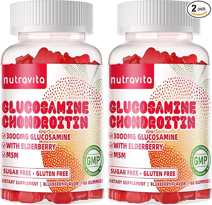 Nutravita Glucosamine Chondroitin Gummies with MSM & Elderberry Extra Strength - Joint Support, Antioxidant Immune Support Supplement for Adults, Men & Women.120 Strawberry Chews