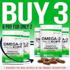 Omega-3 Fish Oil with Prebiotics & Probiotics – 1800mg EPA & DHA Supplement for Heart, Brain, and Gut Health – 20 Billion CFU, Inulin Fiber, Burpless Lemon-Flavored Softgels