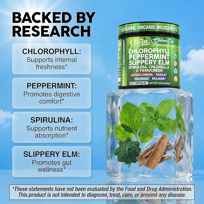 Clean Nutra Chlorophyll Capsules + Peppermint Slippery Elm Spirulina Chlorella Fenugreek Ashwagandha Sea Moss Supplement – Ph Balance for Women Detox Internal Deodorant Supplement + Prebiotics 60 Ct
