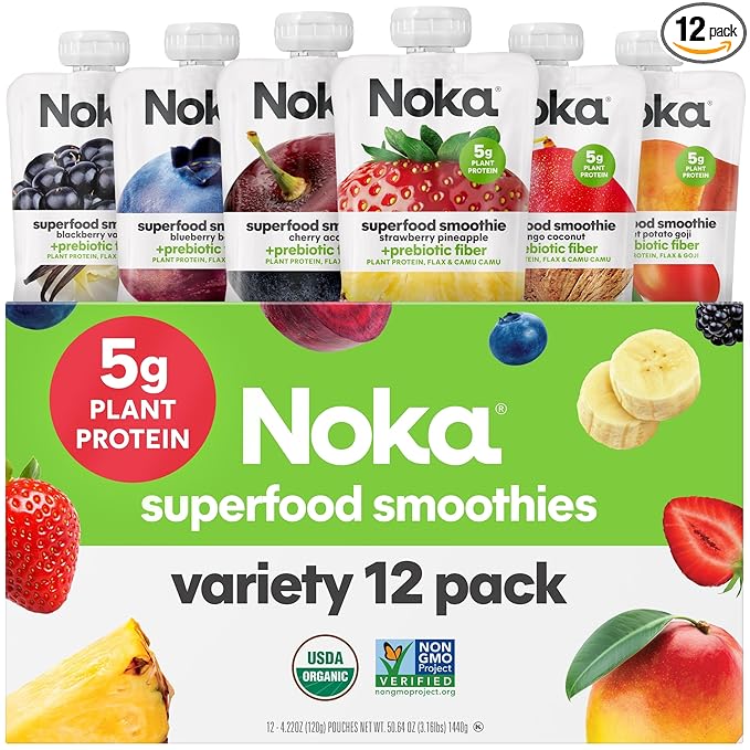 Noka Superfood Fruit Smoothie Pouches Variety Pack, Healthy Snacks with Flax Seed, Plant Protein and Prebiotic Fiber, Vegan and Gluten Free Snacks, Made in USA, Organic Squeeze Pouch, 4.22 oz, 12 Count