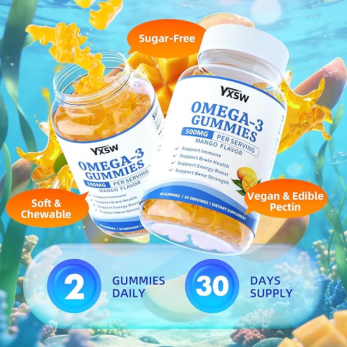 Vegan Omega-3 Gummies 500mg, Omega 3 Fish Oil Alternative for Adults with Plant-Based EPA & DHA & Vitamin A, C, E for Brain, Eye & Immune Health, Sugar Free, Mango Flavor, 60 Count