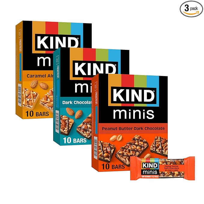 KIND Mini Snack Bars Variety Pack, Gluten Free, Low Sugar, Low Calorie Snacks, Dark Chocolate Nuts & Sea Salt, Peanut Butter Dark Chocolate, Caramel Almond & Sea Salt, 30 Count