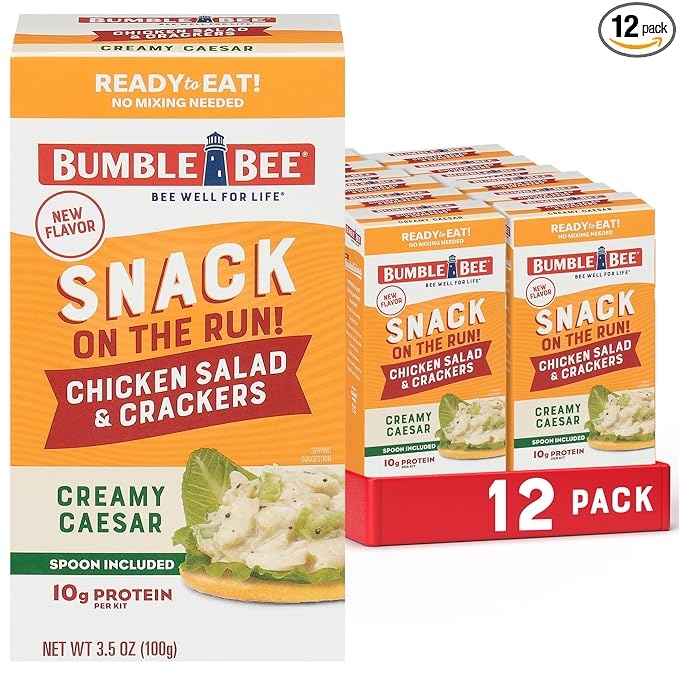 Bumble Bee Snack On The Run! Protein Snack Pack - Creamy Caesar Chicken Salad with Crackers - 10g Protein per Box - Ready to Eat Easy-Open Canned Chicken (Pack of 12)