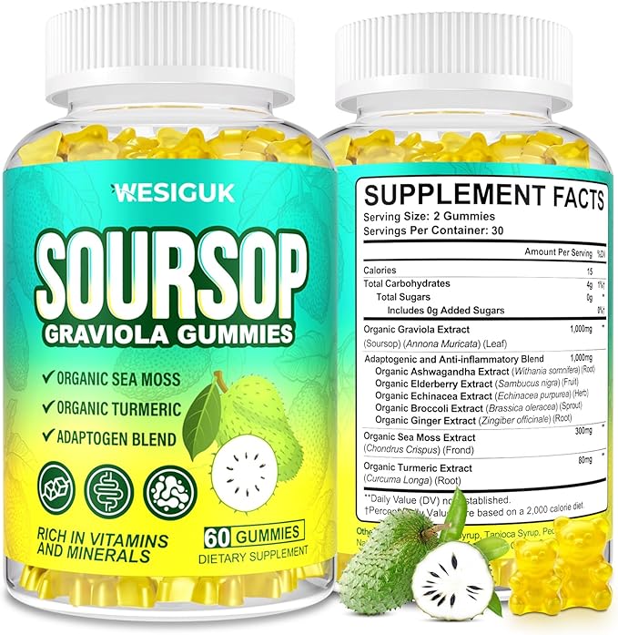 Soursop Graviola Gummies, Max Strength Soursop Leaves Extract with Sea Moss, Turmeric for Cell Support & Regeneration, Immunity, Liver and Antioxidant, Sugar/Gluten Free, Vegan - 60 Soursop Gummies