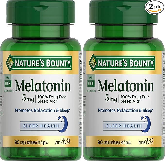 Nature's Bounty Melatonin, 100% Drug Free Sleep Aid, Dietary Supplement, Promotes Relaxation and Sleep Health, 5mg, 90 Softgels (Pack of 2)