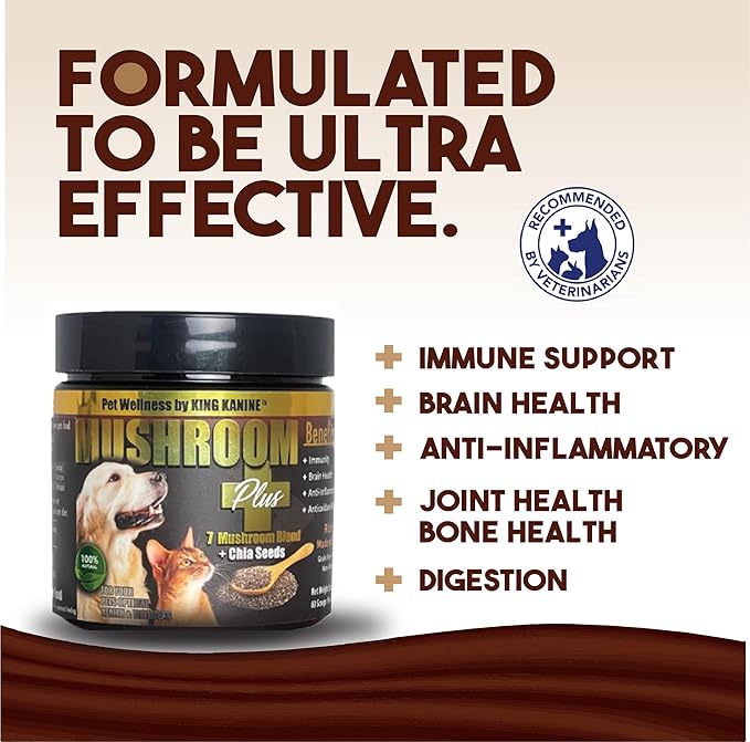 King Kanine Mushroom Plus, Protein & Joints 2 oz | Organic Powder to Improve Optimal Health & Pets Wellness | Supplement for Dogs & Cats Care Made with Fiber & Vitamins | Veterinarian Approved