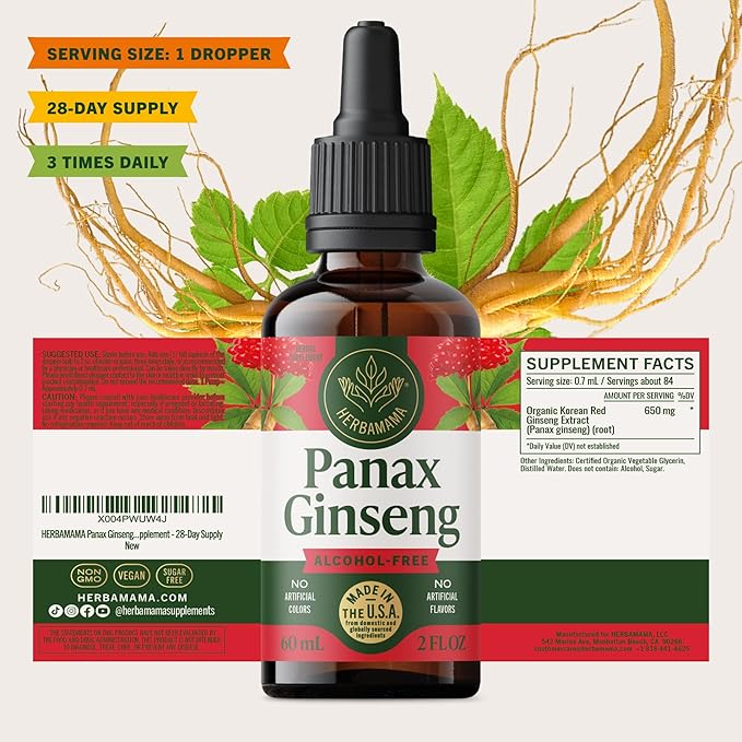 HERBAMAMA Panax Ginseng Root Tincture - Vegan Energy Support with Korean Red Ginseng Extract Liquid Drops - Non-GMO, Alcohol & Sugar-Free Immune Support Supplement - 28-Day Supply
