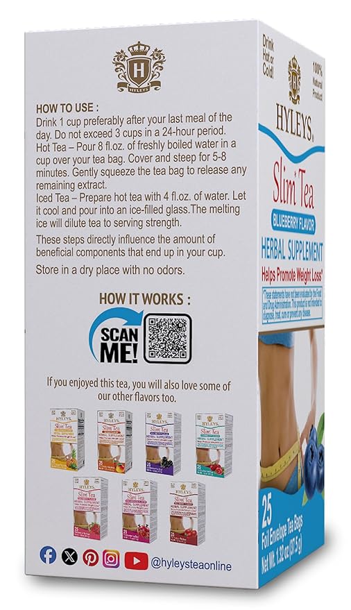 HYLEYS Slim Tea Blueberry Flavor - Weight Loss Herbal Supplement Cleanse and Detox - 25 Tea Bags (6 Pack)