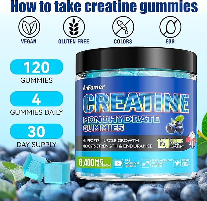 Creatine Monohydrate Gummies for Men & Women, Increase Strength and Build Muscle, Energy & Booty Gain, Preworkout Supplement, Sugar Free, Vegan, Chewables Blueberry Flavor-120 Count