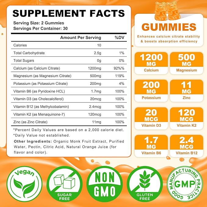 2 Pack Calcium Citrate Gummies, Calcium Supplements for Women & Men, High Absorption Calcium Gummies with Vitamin D3, Magnesium & Zinc for Muscle, Bone & Immune Support, Orange Flavor