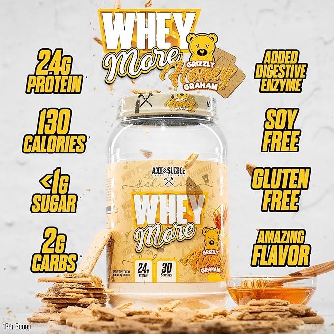 Axe & Sledge WHEY More Premium Protein Blend | 24g Protein, Whey Concentrate & Isolate | Prebiotic Fiber for Enhanced Absorption | Creamy, Delicious, Versatile | 30 Servings, Honey Grizzly Graham