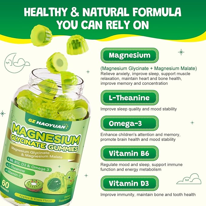 Magnesium Glycinate Gummies for Kids & Adults - Sugar Free Magnesium Malate with L-Theanine, Omega-3, Vitamin D3, B6, B12, C- Sleep, Calm, Relaxation, Brain, Bones, Green Apple & Kiwi, 60ct (2 Pack)