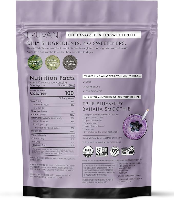 Truvani Vegan Pea Protein Powder | Unflavored | 20g Organic Plant Based Protein | 10 Servings | Keto | Gluten & Dairy Free | Low Carb | No Added Sugar