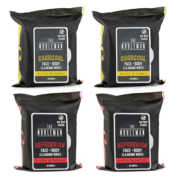 The Nobleman 4-Pack Face + Body Aloe Infused Cleansing Wipes: 2 Charcoal Packs with Chamomile and 2 Refreshing Packs with Grapefruit (120 Ct.), CharcoalRefreshing