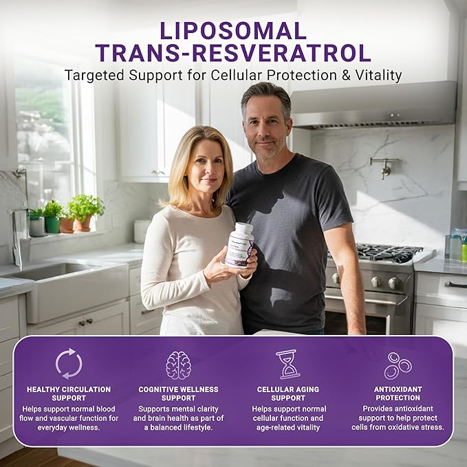 Liposomal Trans Resveratrol 500mg, 60 Vegan Capsules to Support Cellular Health, Antioxidant Activity & Overall Wellness - Non-GMO Trans Resveratrol Supplement for Daily Vitality