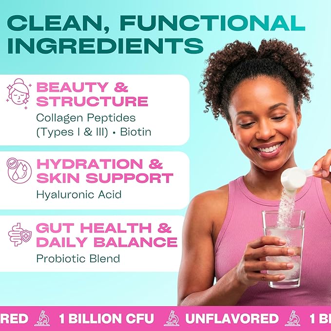 GOBIOTIX Collagen Powder Supplement with Probiotics - Hydrolyzed Protein Collagen Powder for Women - Hair Skin and Nails, Joint and Digestive Health - Collagen Peptides Type I and III - 30 Servings