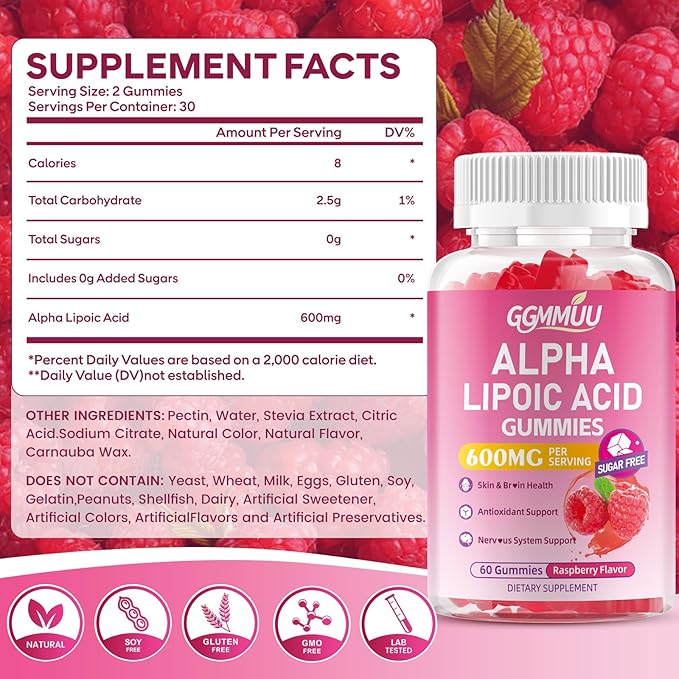 2 Pack Alpha Lipoic Acid Gummies 600mg, High Absorption Chewable ALA Supplement for Antioxidant Support, Raspberry Flavor, Vegan, Sugar Free, 120 Count