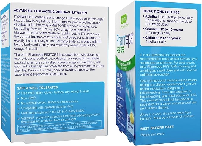 Igennus Pharmepa Restore, Pure EPA 1000mg, Omega 3 rTG Fish Oil, IFOS Certified, High Absorption, 90% Concentration Triple Strength, Wild & Sustainable, Lemon Flavor, 1-Month Supply, 60 Softgels