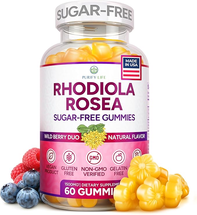 Sugar-Free Rhodiola Rosea Gummies (1500mg/Serving) Cortisol Detox & Adrenal Support Rhodiola Rosea Supplement for Mood, Stamina & Performance, Motivation, Non-GMO, 60 Vegan Chews