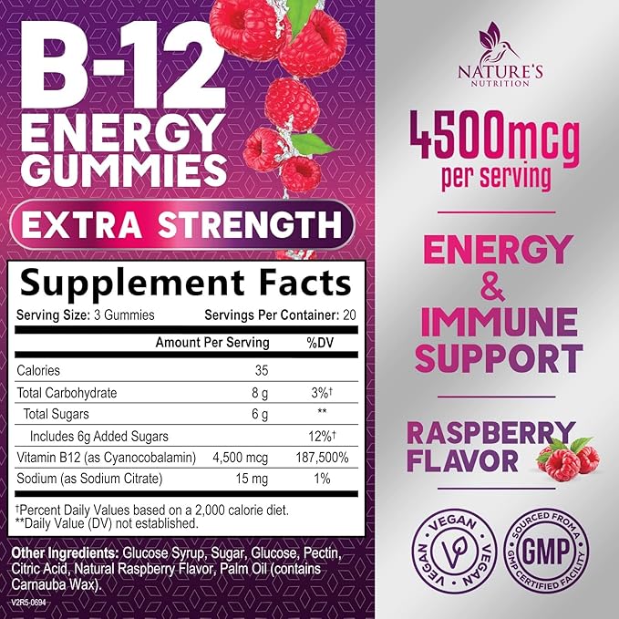 B12 Energy Gummies - 4500 mcg Vitamin B12 Per Serving - Extra Strength Chewable B12 Supplement for Energy, Metabolism & Immune Support - For Women, Men & Kids - Natural & Berry Flavored - 60 Gummies