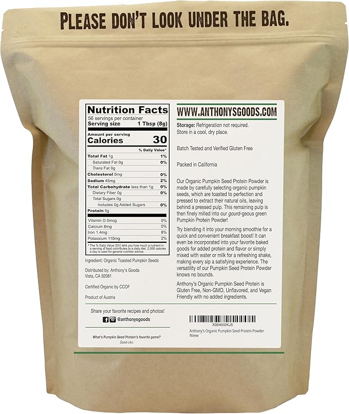 Anthony's Organic Pumpkin Seed Protein Powder, 1lb, Gluten Free, Non GMO, Unflavored, Plant-Based Protein