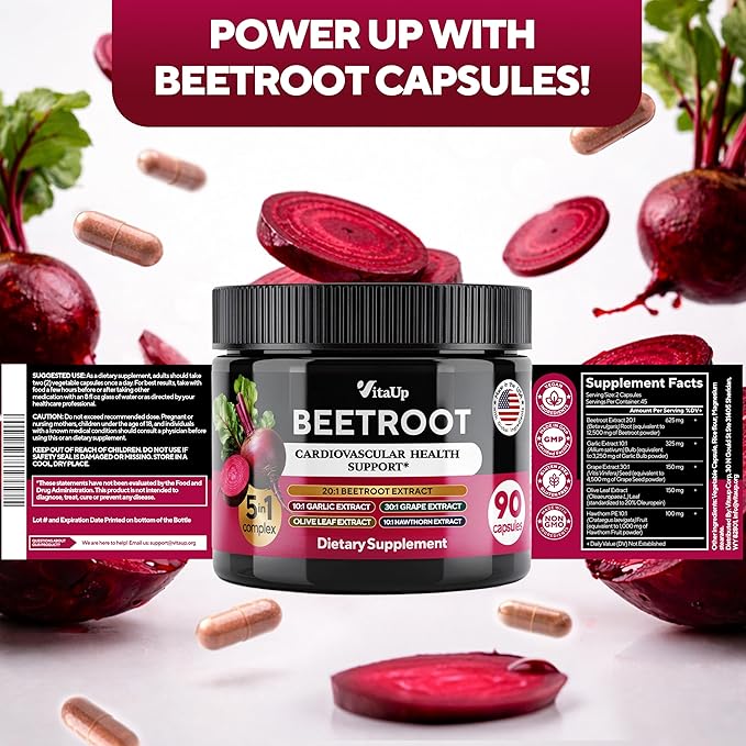 VitaUp Beet Root Capsules - USA Made Beetroot Supplement for Normal Circulation, Nitric Oxide & Heart Support - 5-in-1 Beets with Grape Seed, Garlic Extract, Hawthorn Berry, Olive Leaf - 90 Vegan Caps