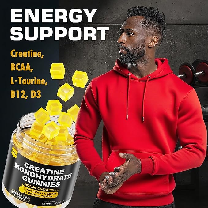 EnvyCure Creatine Monohydrate Gummies for Men & Women - with BCAA, Collagen Peptides, L-Taurine, Vitamin B12, D3, Creatine Monohydrate 5000mg (5g) Per Serving, Lemon Flavor, Sugar Free, 1 Pack