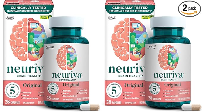 NEURIVA Original Decaffeinated Clinically Tested Nootropic Brain Supplement for Memory,Focus & Concentration,NeuroFactor & Phosphatidylserine,28ct Capsules,(Pack of 2)