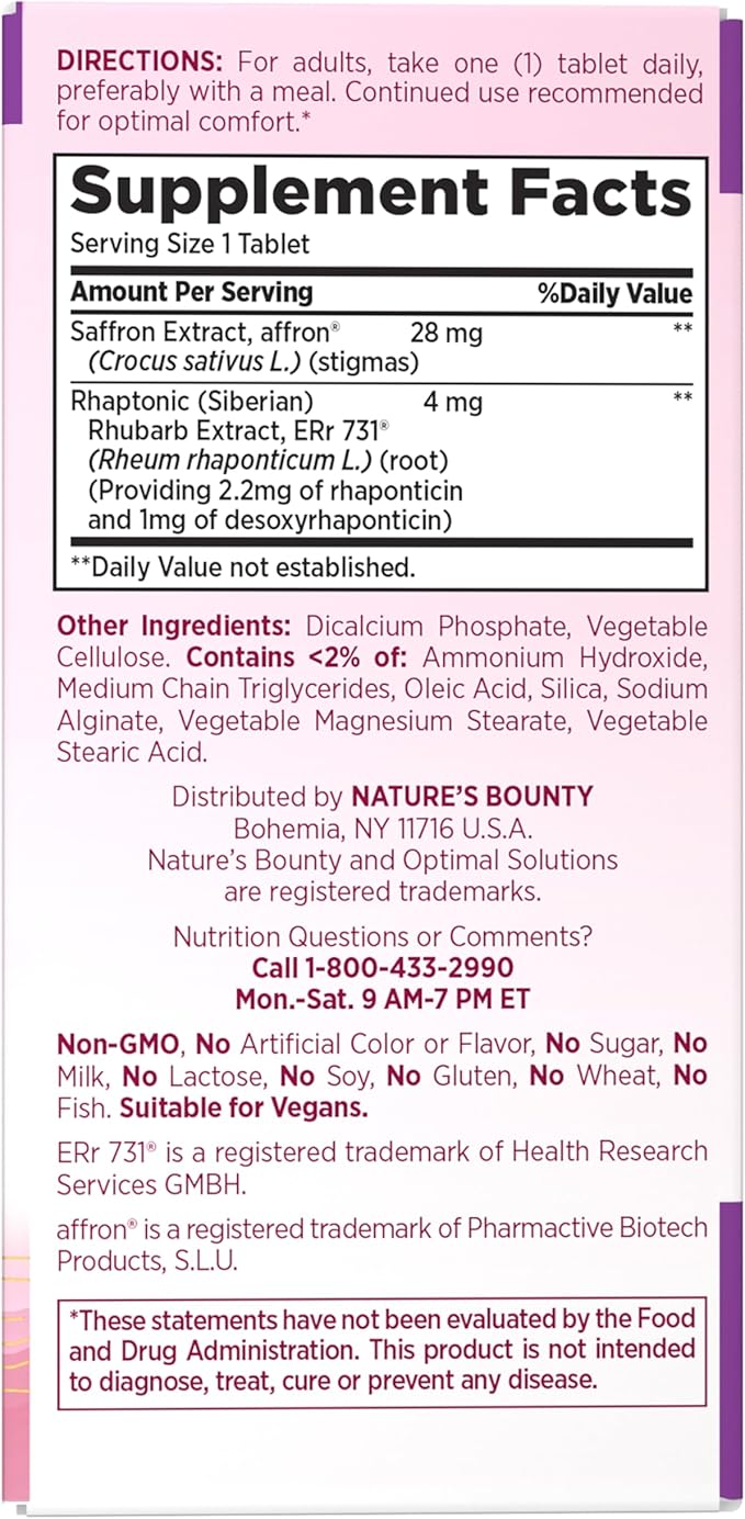 Nature’s Bounty Optimal Solutions Advanced Menopause Relief, Menopause Supplement for Women featuring Siberian Rhubarb, Hotflash Relief, No added Hormones, Drug-Free, 30 Tablets, 30 Total Servings