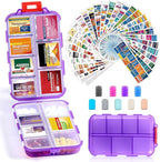 14 Grids Travel Pill Organizer Box with 415-Pcs Medicine Name Labels, Pocket Daily Pharmacy Case Container, Travel Medication Holder Dispenser Kit for Fish Oil Vitamin Supplement Storage -Clear Purple