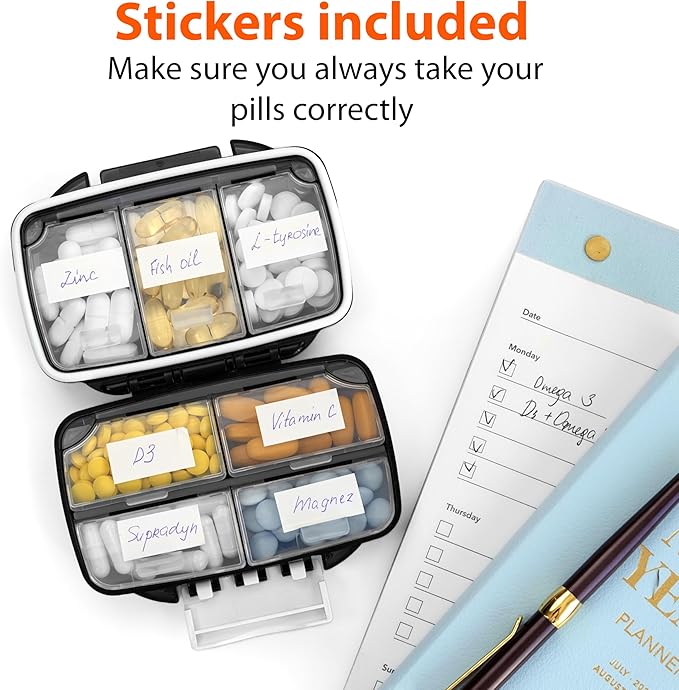 Travel Pill Organizer - Moisture Proof Portable Vitamin Holder with 7 Compartments, Compact Supplement Case for Purse Essential Medicine Kit fot Traveling Pocket Pharmacy with Labels, Black