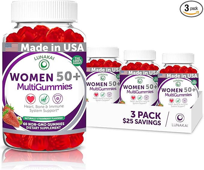 Lunakai USA Made 50 Plus Women's Multivitamin Gummies - Delicious Formula Enhanced with Essential Vitamins & Minerals for Health & Vitality - 3 Pack