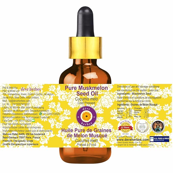 dève herbes Pure Muskmelon Seed Oil (Cucumis melo) with Glass Dropper Cold Pressed 15ml (0.50 oz)